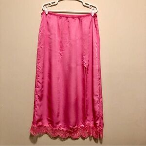 aerie Hot Pink Satin Maxi Skirt with Lace Trim